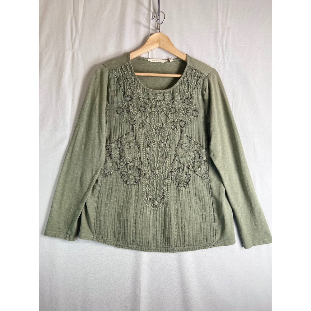 Soft Surroundings Women M Olive Green Embroidered Beaded Boho Long Sleeve Top